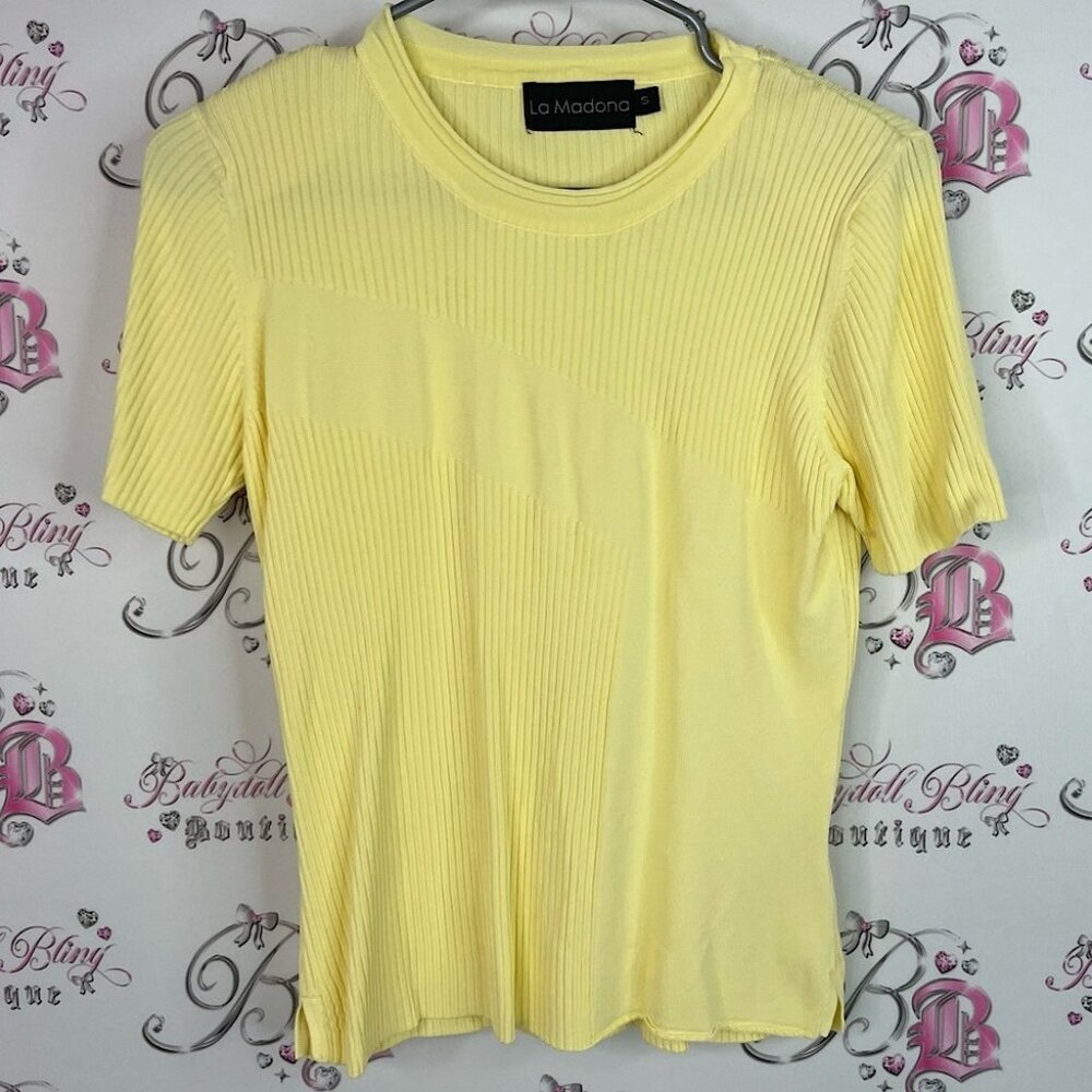 La Madona tshirt tee ribbed stretchy Yellow Ribbed Short Sleeve Top